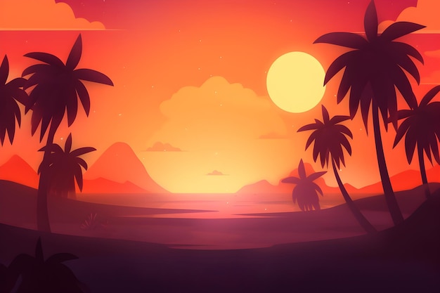 Sunset on the beach with palm trees and mountains.