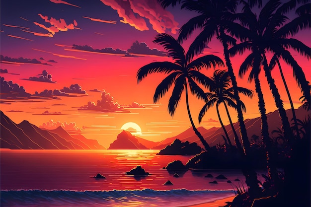 Sunset on the beach with palm trees and mountains