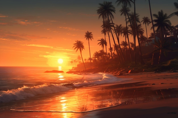 A sunset on a beach with palm trees and the sun reflecting on the water.