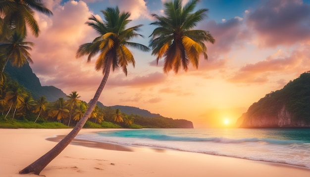 a sunset on a beach with palm trees and the sun setting behind them