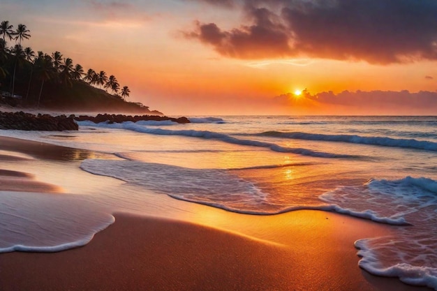 a sunset on a beach with palm trees and a sunset