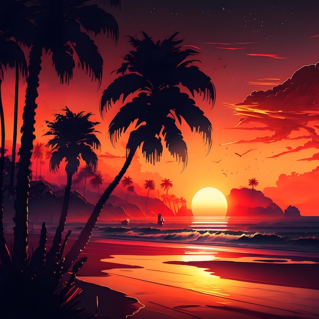 Photo sunset on the beach with palm trees and a sunset