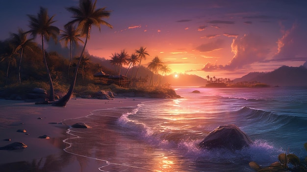 A sunset on the beach with palm trees and a sunset.