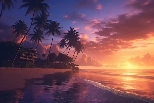 A sunset on the beach with palm trees and a sunset