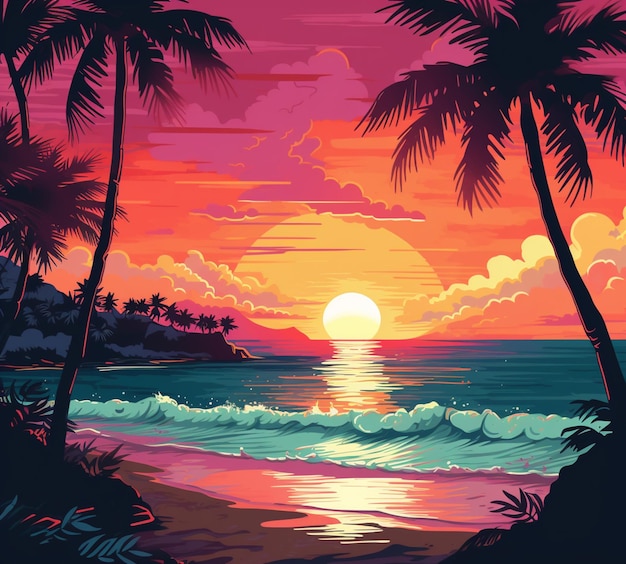 Sunset on the beach with palm trees and waves generative ai