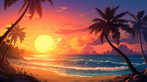 Photo sunset on beach with palm trees