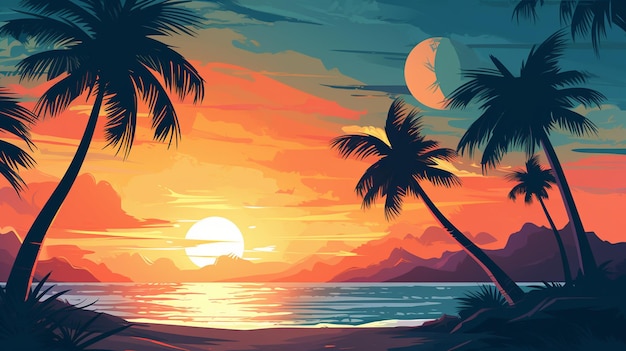 sunset on beach with palm trees