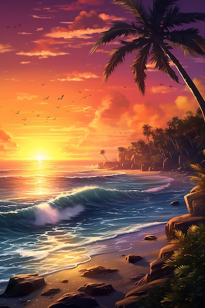 sunset on a beach with palm trees