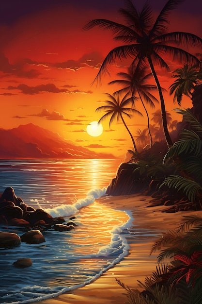 закат на пляже с пальмами