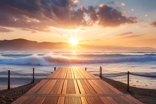 A sunset on the beach with a pier in the foreground