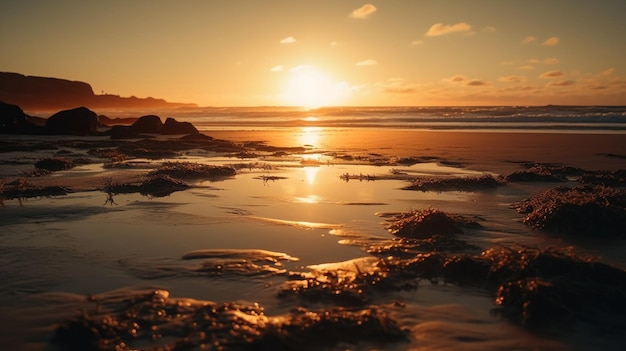 A sunset over the beach with a rock formation in the background