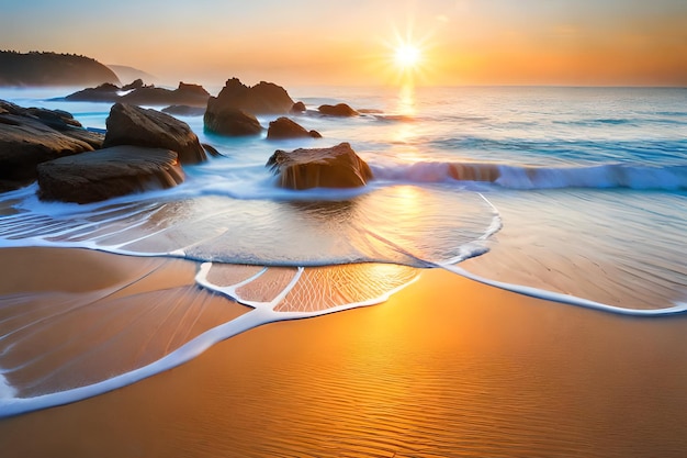 전경에 바위가 있고 수평선에 태양이 지는 해변의 일몰.