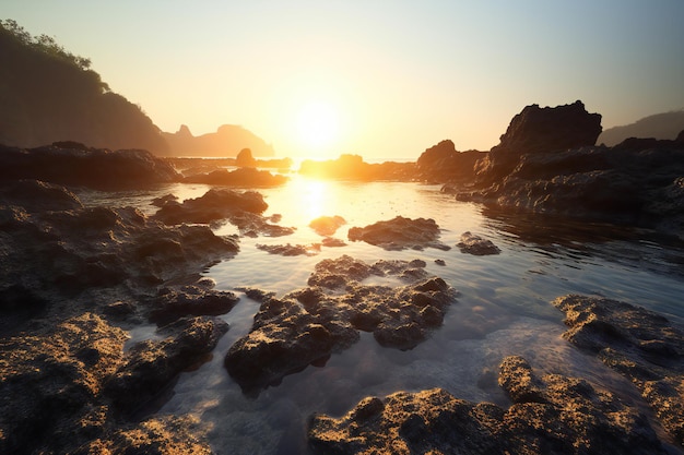 Sunset on the beach with rocks and sea in the background