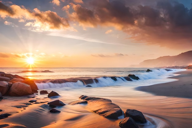 A sunset over a beach with rocks and the sun setting over the ocean.