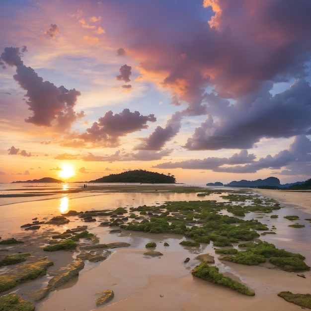 a sunset over a beach with rocks and a sunset generated by ai