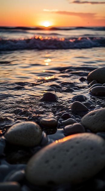 A sunset on the beach with rocks in the water