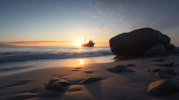 Photo a sunset on the beach with a ship in the distance