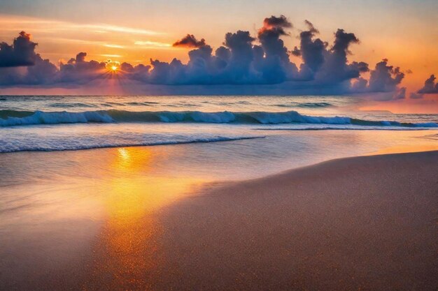 a sunset on a beach with the sun reflecting on the water