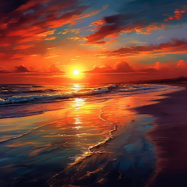 a sunset on a beach with the sun setting behind the clouds.