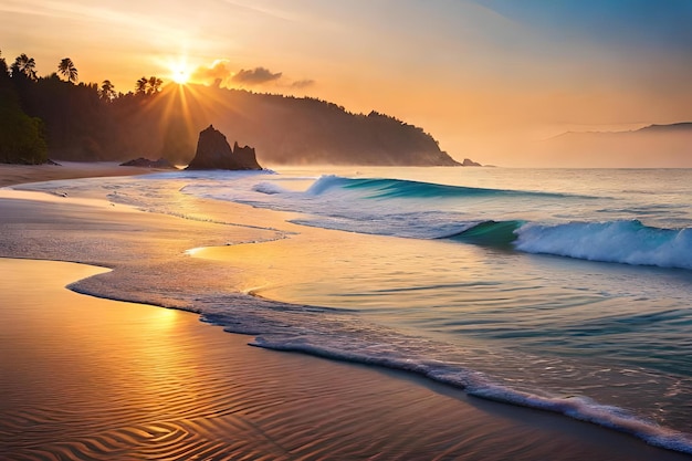 A sunset over a beach with the sun setting over the water