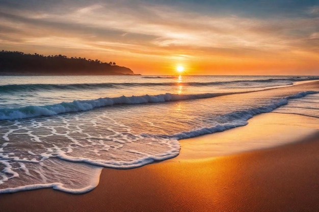 a sunset over a beach with a sunset in the background