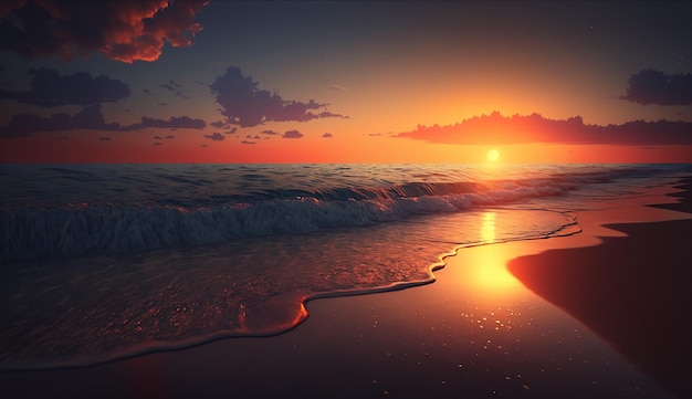 A sunset on the beach with a surfboard on the sand