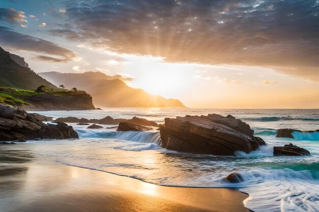 Sunset on a beach with a wave breaking on the rocks.