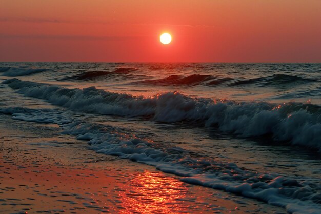 Sunset on the beach with waves Beautiful seascape