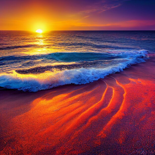 sunset on the beach with waves and a bright orange glow generative ai