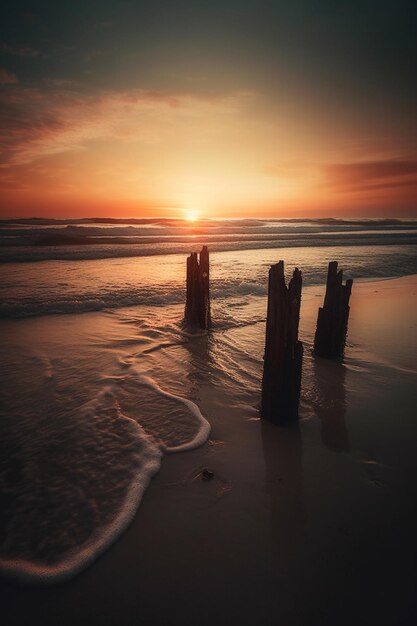 A sunset on the beach with a wooden post in the foreground