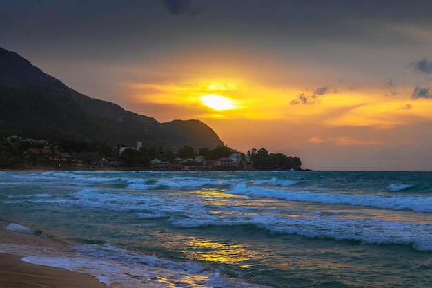 Sunset over the Beau Vallon Beach on the island of Mahe Seychelles