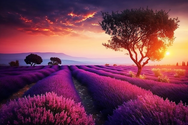 Photo sunset over a beautiful lavender field