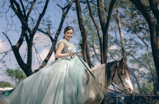 日没時に美しい官能的な女の子と彼女の馬は森を通り抜けます馬は女の子に愛されています