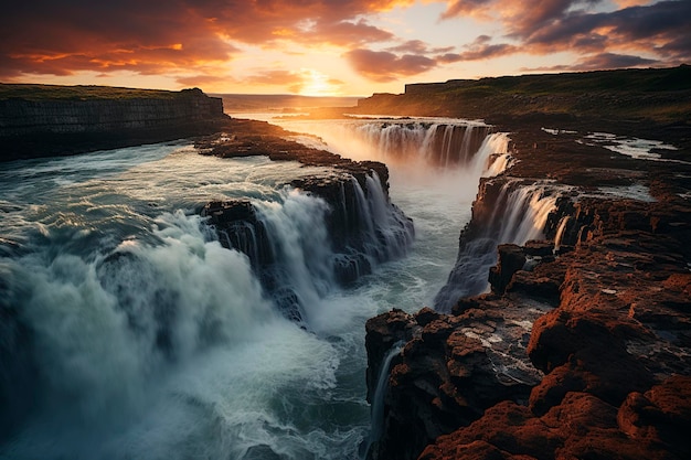 Sunset at beautiful waterfall in icelandgenerative ai