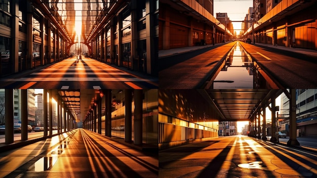 Foto tramonto in una grande città con una foto ad angolo basso con colori arancioni in cornici