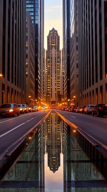 Photo sunset in a big city with a low angle photo with orange colors and reflections on water