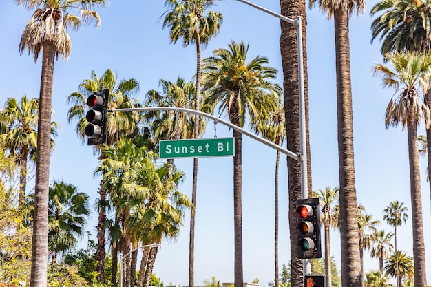 Foto sunset bl la california usa segno verde semafori rossi e palme