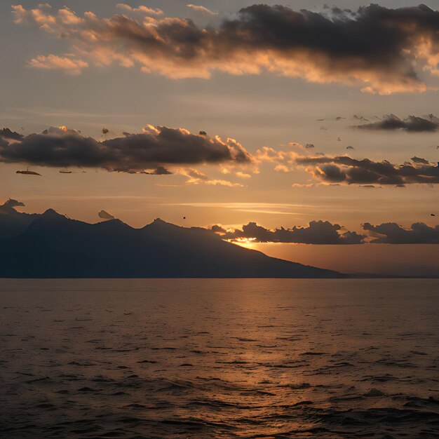 a sunset over a body of water with a mountain in the background