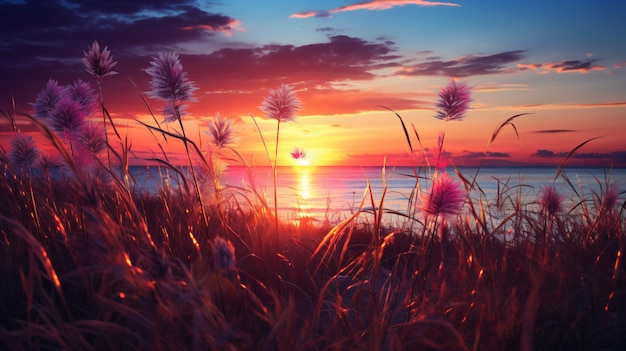 a sunset over a body of water with tall grass