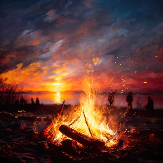 Sunset over a bonfire