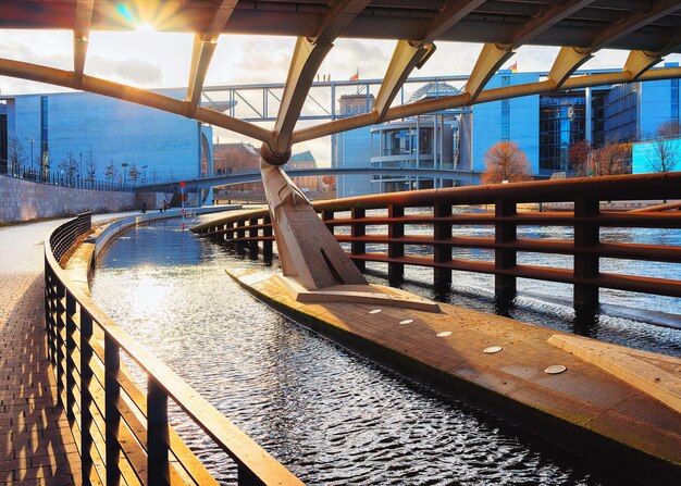 Sunset at the bridge at German Bundestag Parliament building in Berlin, Germany