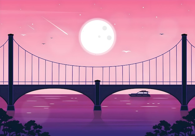 Sunset Bridge Scene met maan en boot
