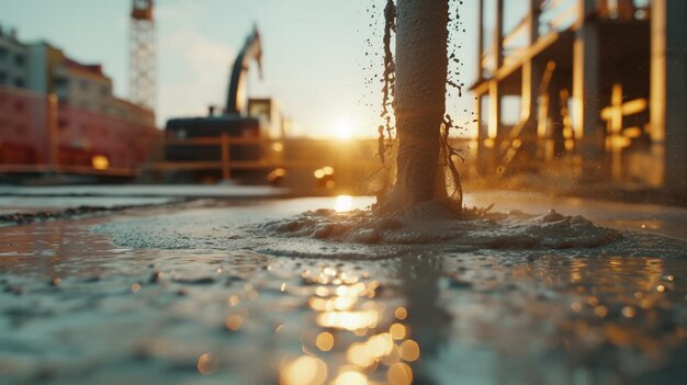 Sunset Behind Building Under Construction Concrete Pouring at Site