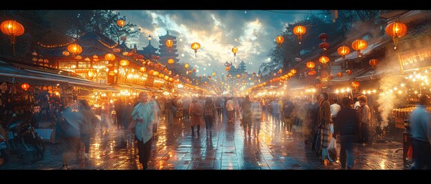 Photo sunset at a bustling outdoor market with vendors and shoppers