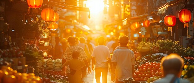 Sunset at a bustling outdoor market with vendors and shoppers