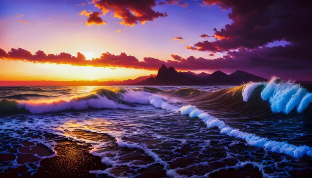 海のそばの夕日湾の地平線の風景画の壁の芸術の背景キャンバスの生成的なai