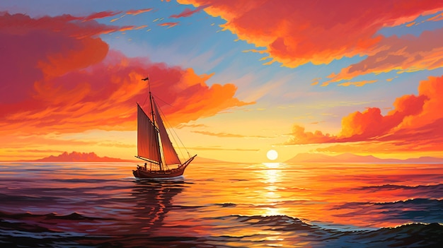 sunset by the ocean and sailing ship