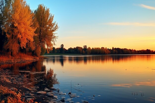 Il tramonto vicino al fiume tranquillo sfondo autunnale