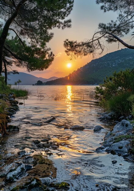 Photo sunset over a calm lake with a beautiful sky