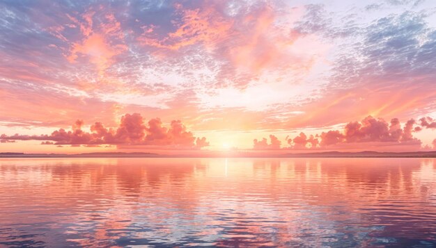 sunset over a calm sea with a pink and blue sky clouds reflected in the water and mountains